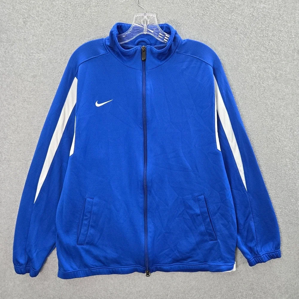 Nike Men Track Jacket Large Blue Colorblock Swoosh‎ Logo Full Zip Mock Neck